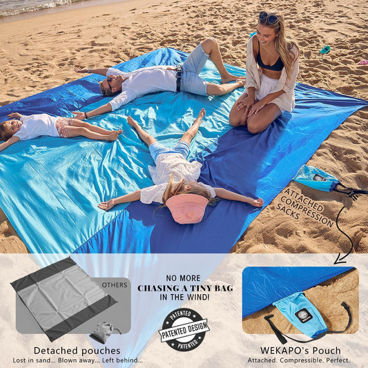 Extra Large Sandproof and Waterproof Beach Blanket - Oversized, Compact, Quick-Drying Mat for Vacation, Cruise, Picnic, and Camping with Stakes